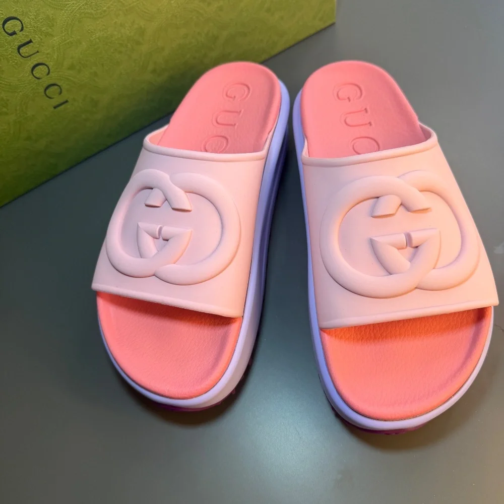 NWT GUCCI POOL SLIDES SIZE 38-8US platform interlocking logo pink purple - Picture 6 of 10